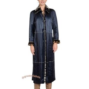 Artico Black Leather Long Trench Coat Animal Print Shearling $5,495 Size 42